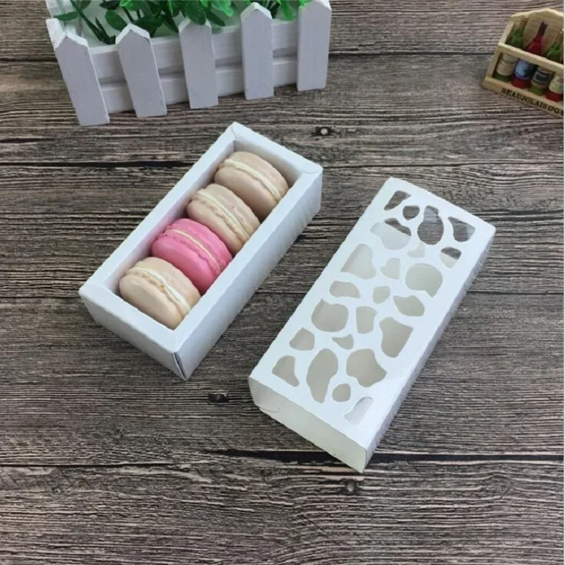 10pcs 13*6*4cm White/Red Cardboard Paper Packaging Box Wedding Gift Box Hollow Pattern With Film Cake Biscuit Box Macaroon Box