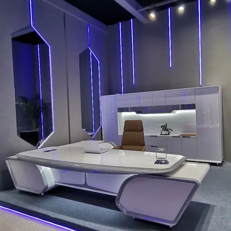 Modern Luxury Aircraft Modeling Glossy White L-shape LED Multi-function Executive Table CEO Desk Manager Desk President Desk