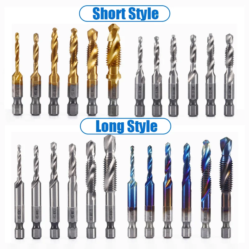 1/6Pcs Tap Drill Bit Set Hex Shank Titanium Plated HSS Screw Thread Bit Screw Machine Compound Tap M3 M4 M5 M6 M8 M10 Hand Tools