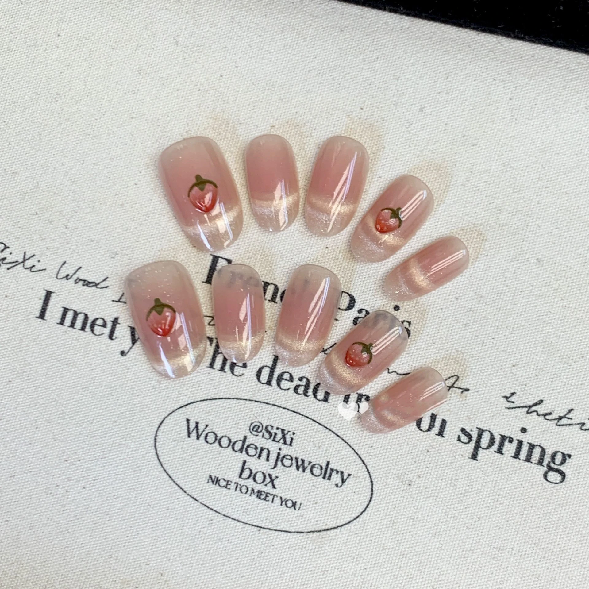 

10pcs Handmade Cute 3d Press On Nails Women Pink Strawberry Cat Eye False Nails Reusable Short Fake Korean Kawaii Nail Tips