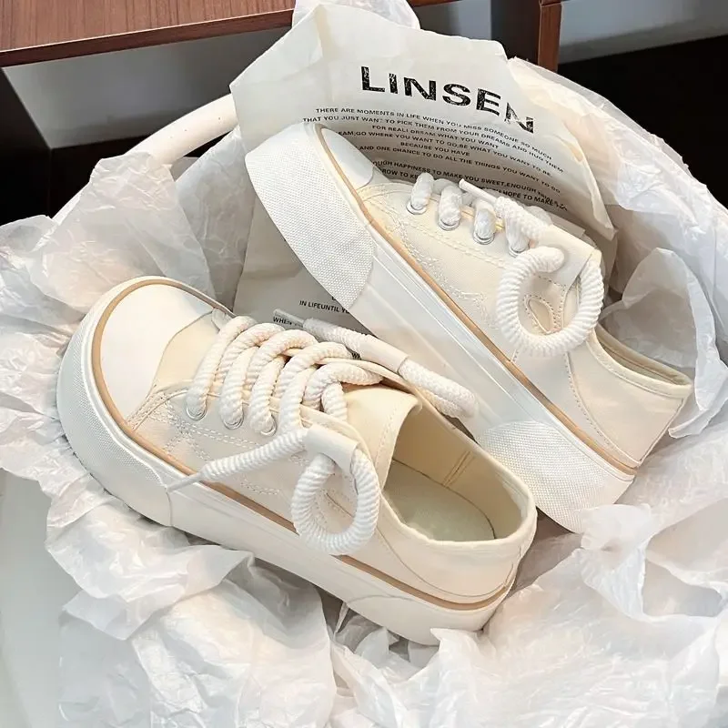 Cute High on Platform Women Footwear Canvas Lace Up Round Toe Ladies Shoes Kawaii Black New Arrival 2025 Shoe in Summer Quality