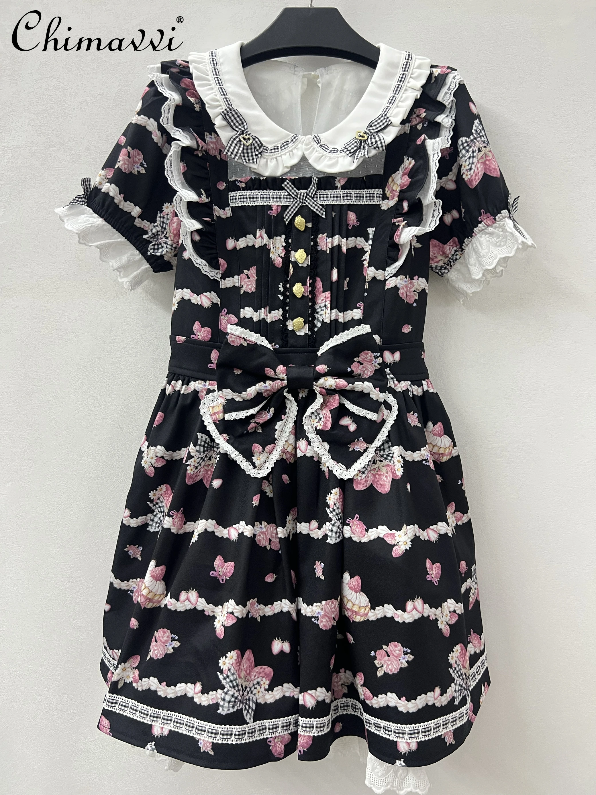 

Liz Sweet Princess Dress Japanese Mass Production Cute Strawberry Printed Lace Kawaii Bow Short Sleeve Elegant Girl Lolita Dress