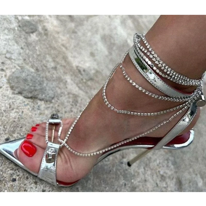 

Silver Crystal Chain Women Sandals Metal Buckle High Heels Party Ankle Wrap Female Shoes Open Pointy Toe Summer Stilettos Mujer