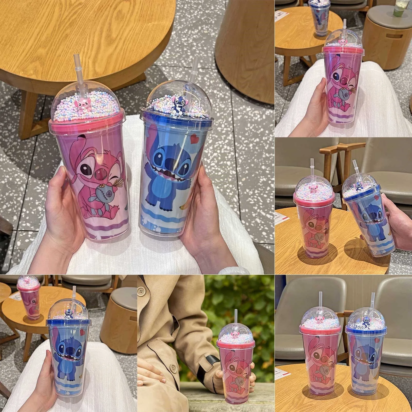 450ML Lilo & Stitch Double Layer Plastic Water Cup With Straw Portable Creative Gift Mug For Milk Coffee Tea Handy Cup gift