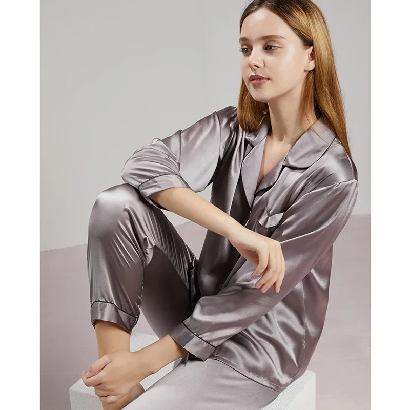 Multi Colors 100% Mulberry Silk Women's Long Sleeve Pajama Set for Autumn Comfortable Sleepwear Cardigan 2 Piece Pajamas Nighty