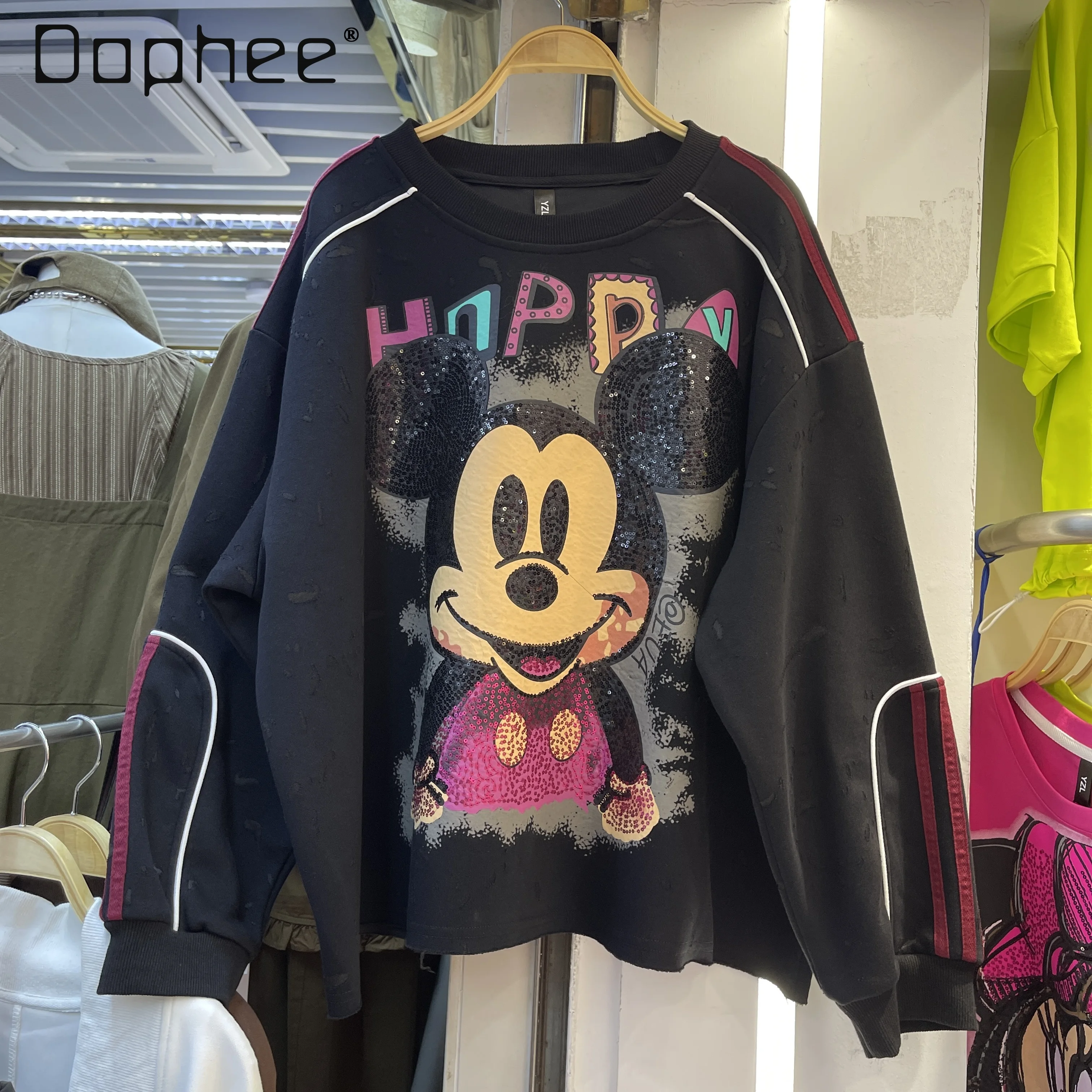 

2025 Autumn New Heavy Sequin Print Cartoon Round Neck Sweatshirt for Women Loose Fashion Long Sleeve Rose Red Streetwear Women