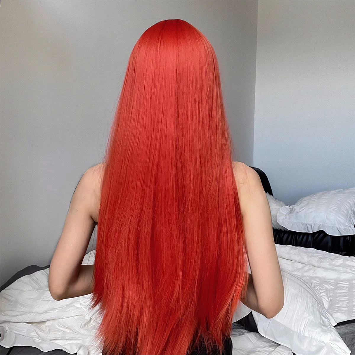 Peruca reta longa com franja para mulheres, perucas coloridas de cosplay, cabelo natural, resistente ao calor, laranja, vermelho, fantasia de festa