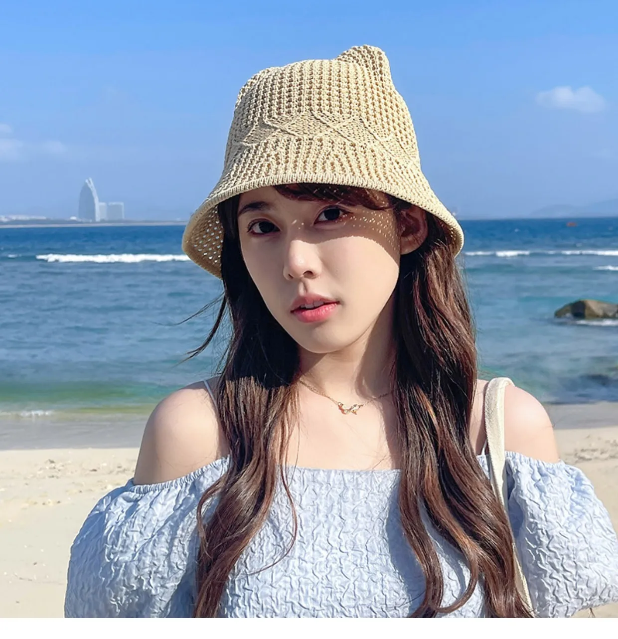 Cat's Ears  Knitted Bucket Hat for Female in Summer Sun Protection Sun Shading Breathable  Straw Hat Casual and Versatile