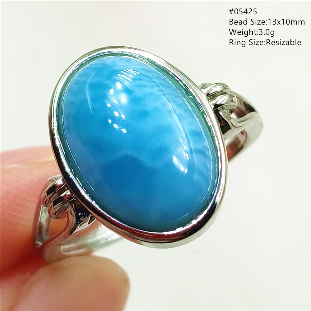 Natural Blue Larimar Oval Adjustable Ring Jewelry Water Pattern Real Larimar For Women Men Healing Fashion Stone AAAAAA