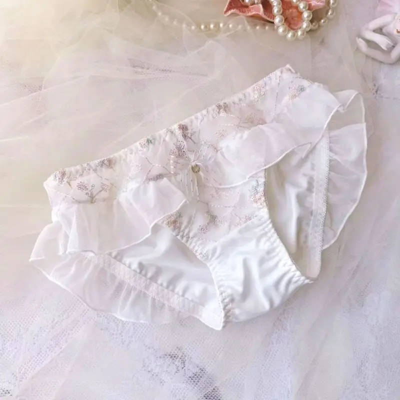 Women Milk Silk Smooth Soft Flower Embroidery Luxury Advanced Ruffles Underwear Princess Style Cute Lovely Sweety Panties Breifs