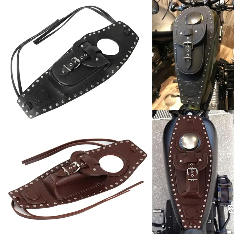 

PU Leather Brown/Black Motorcycle Fuel Tank Cover Panel Pad Bib Bag Pouch with Rivet for Harley Sportster 883 XL1200