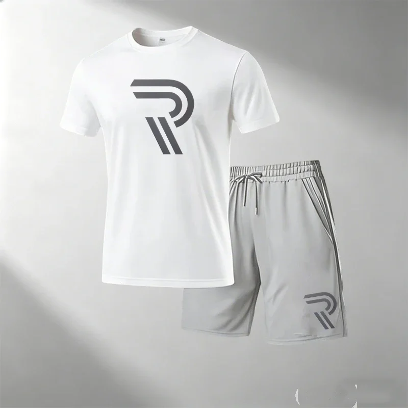 

Men's Casual Fitness Two Piece Set Short Sleeve T-Shirt + Shorts Breathable Quick Dry Running Gym T-Shirts Sets Hot Sale
