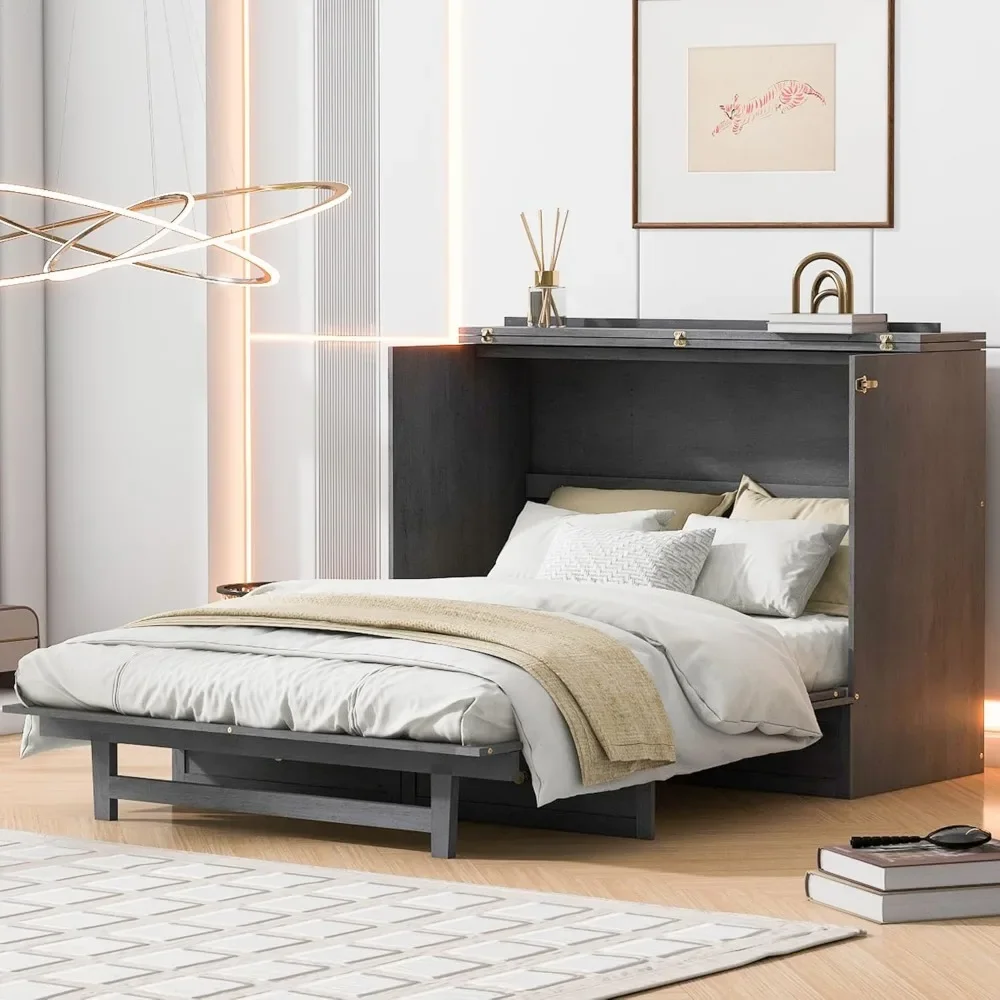 

Full Size Murphy Bed Cabinet Wall Bed Chest with USB, Charging Station and Large Storage Drawer for Home Office (Brushed Gray)