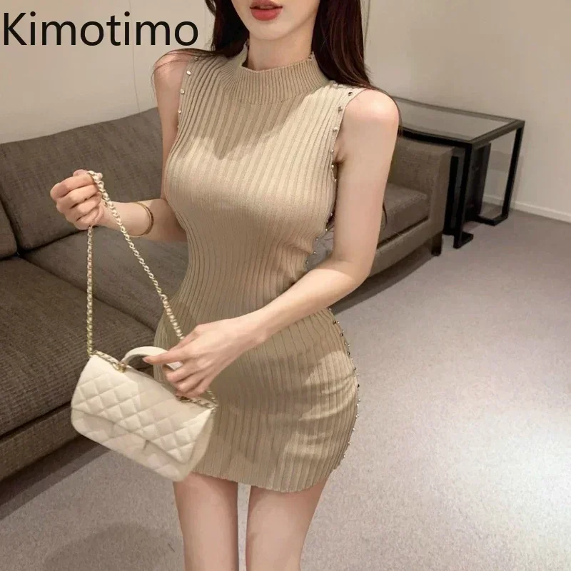 Kimotimo Sexy Rivet Sleeveless Knitted Mini Dress Women French Y2k Temperament Half High Collar Waist Wrapped Bodycon Dresses