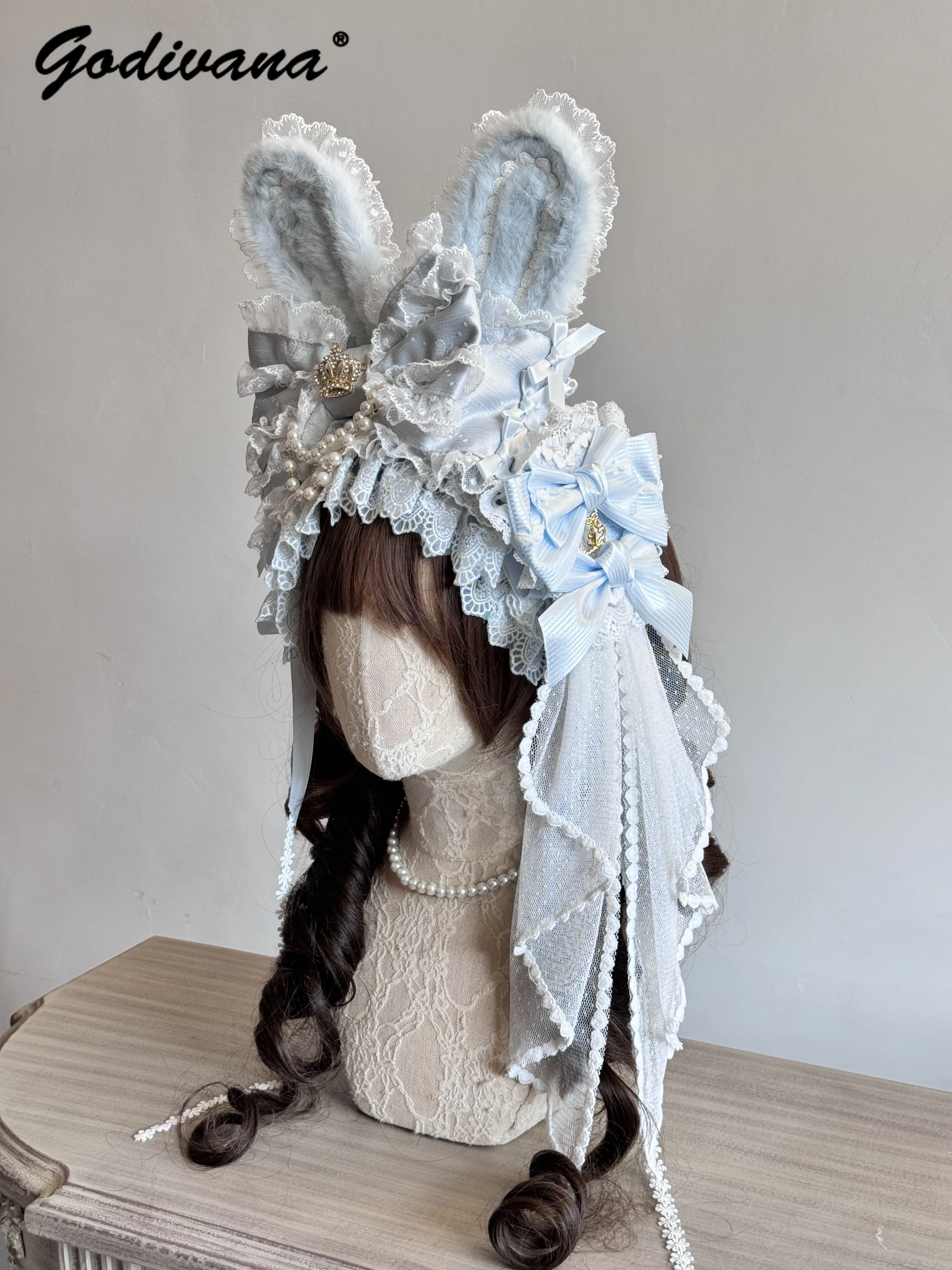 Originele handgemaakte afneembare konijnenoor luxe hoofdband haaraccessoire Lolita meisjes dames cosplay hoofddeksels haarband