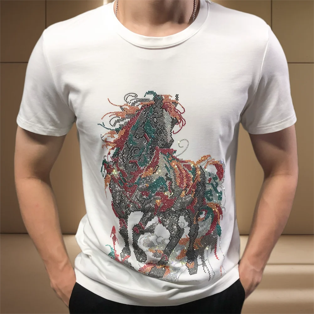 Brand Leisure Top Tshirt For Men Summer Colour Horse Hot Drill Short Sleeve T-shirt Men's  Social Club Outfits Tee Shirt Homme