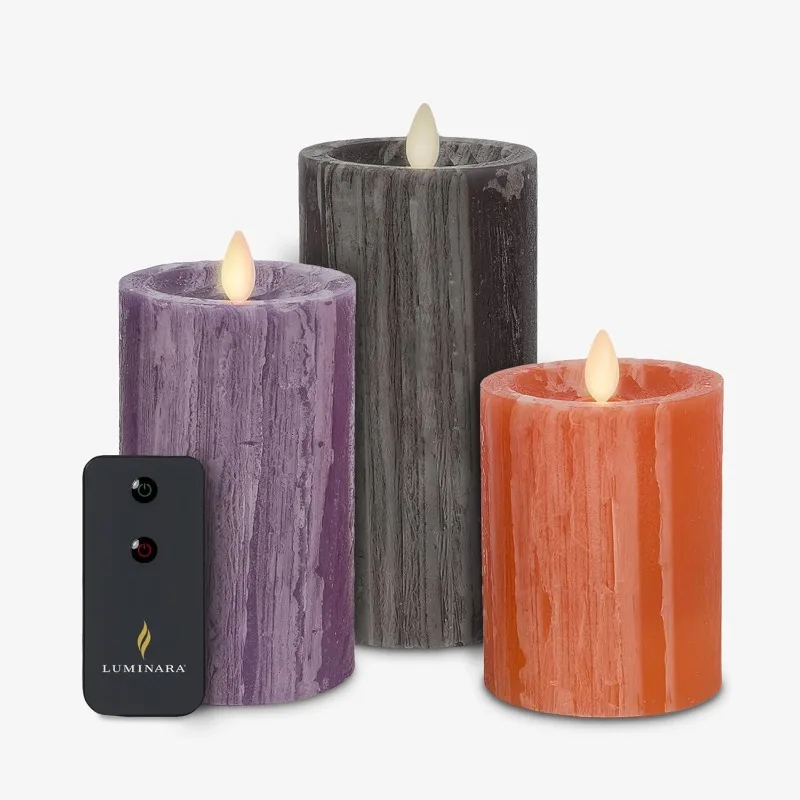 Set of 3 Halloween Selenite Pillars with Remote Realistic Artificial Moving Flame Pillar Candles Melted Top Edge, LED Battery