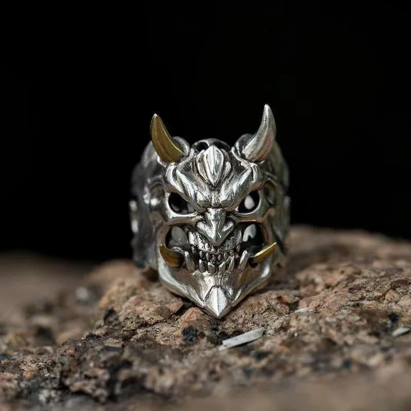 Retro Prajna Mask Ring For Men Punk Gothic Rock Hiphop Adjustable Open Ring Handmade Designer Jewelry Biker Accessories Man Gift