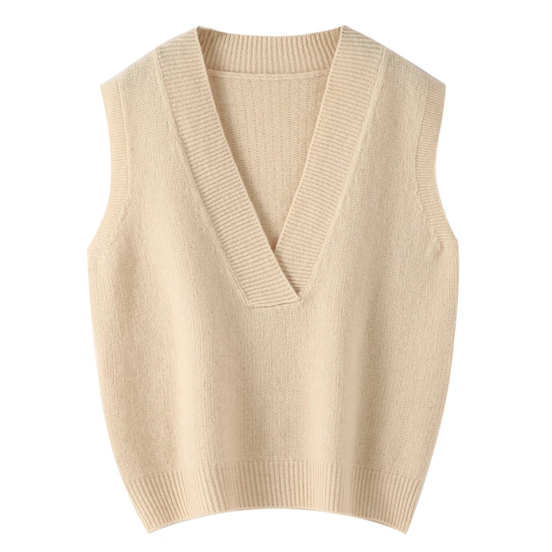 

Women's Sleeveless V-neck Basic Pullover Sweater 2024 Autumn Winter 100% Merino Wool Casual Solid Waistcoat Female Knitwear Tops