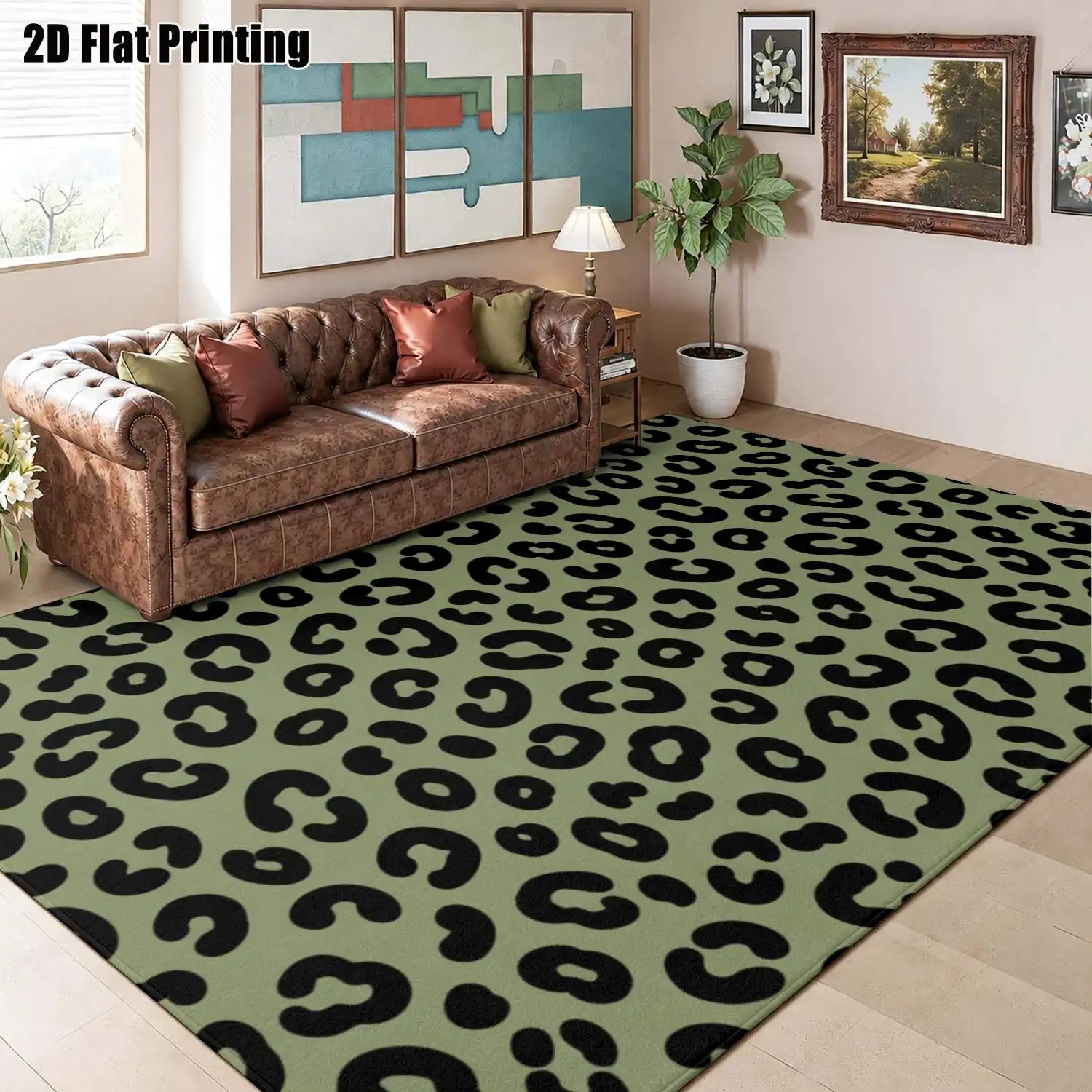 1Pc 2D Printed Military Green Leopard Pattern Carpet Suitable for Instagram and Vintage Decor, Available in Multiple Sizes, Machine Washable, for Entryways, Dining Rooms, Bedrooms, Living Rooms, Etc.