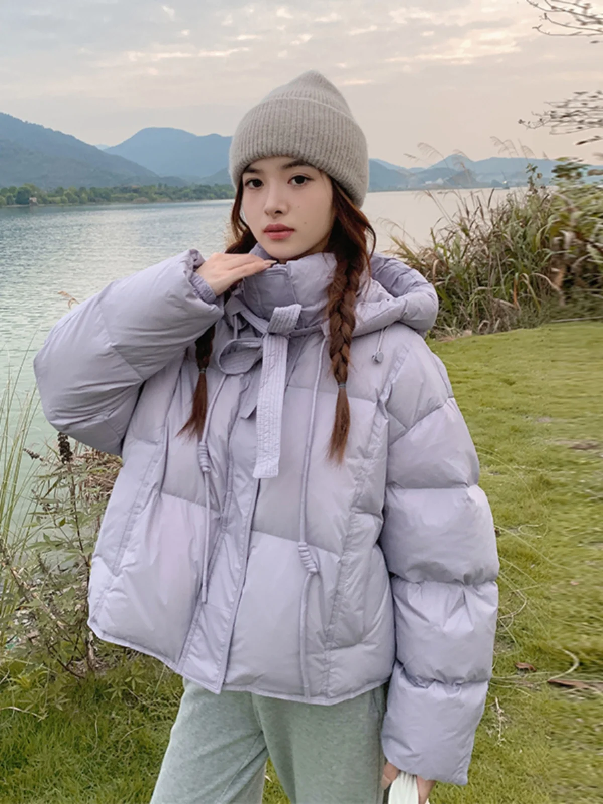 

Purple Hooded ort Thiened down Jaet Women's Winter Faion Sli Cute Outerwear Korean Sle Memory Fabric White Du...