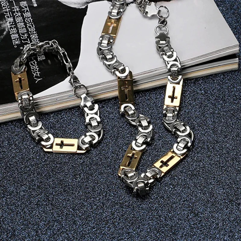 PAPERPLUS | Men Punk Jewelry Set.Stainless Steel.Cross Pendant.Gold Plated.Hip Hop Bracelet.Rock.Classic Fashion 2024