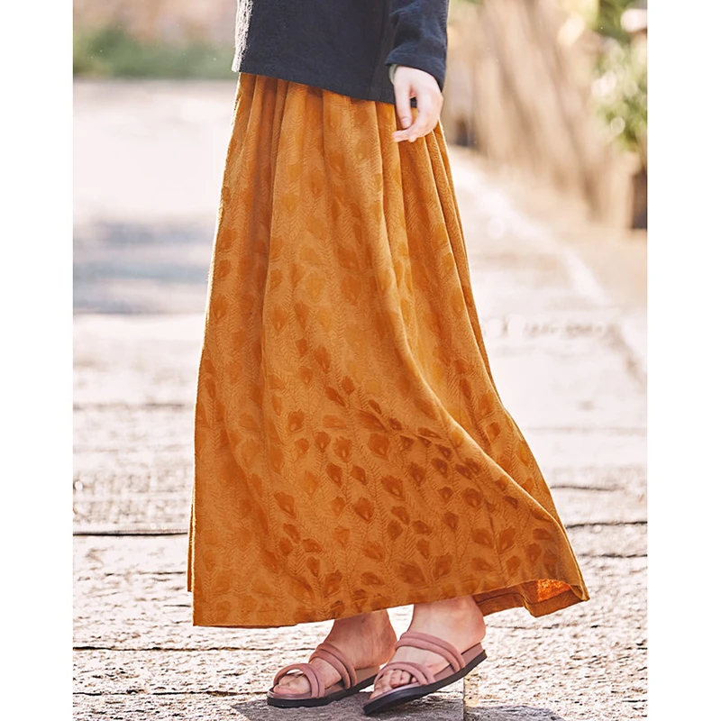 2026 New Arrival Spring & Autumn Women Loose Casual Floral Print Ankle-length Skirt Cotton Linen Jacquard A-line Skirts T194