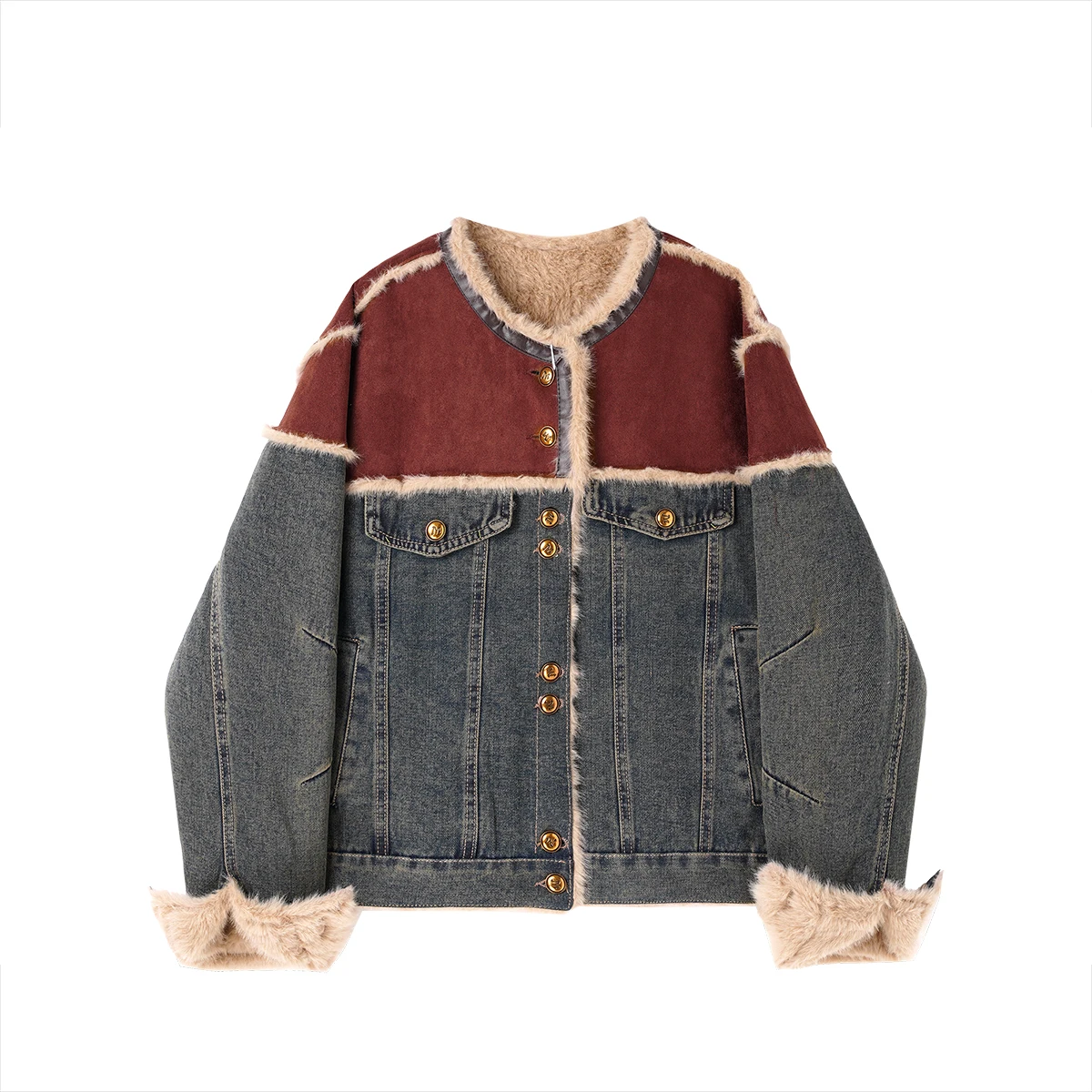 Retro contrasting color splicing denim jacket women's winter new fashion design sense versatile lamb wool top