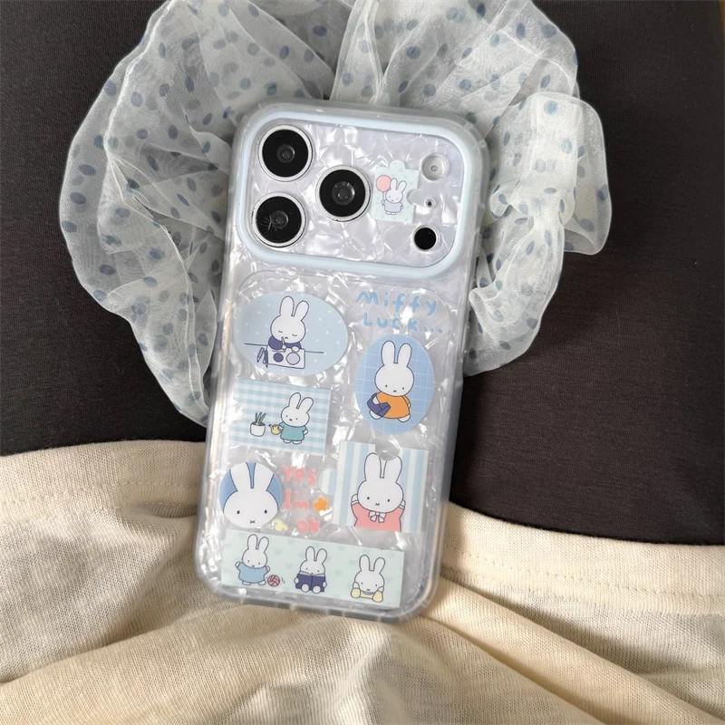 Aesthetic Miffy Rabbit Collage Shell Texture Phone Case For iPhone 15 16 17 ProMax Light Blue Clear Shockproof Soft Cover