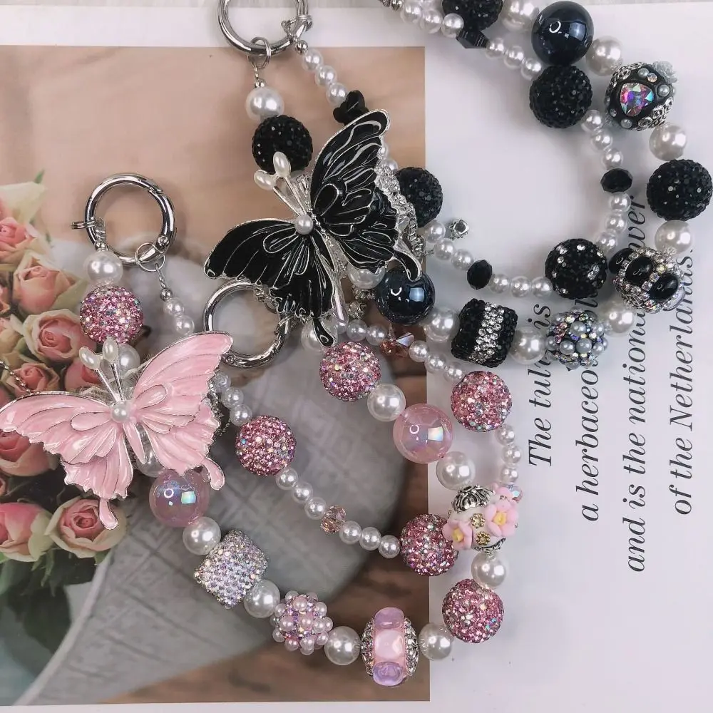 

Cool Glitter Rhinestone Phone Chain Pearl Luxury Beaded Cell Phone Lanyard Anti-loss Car Key Decor Butterfly Key Chain Key Chain