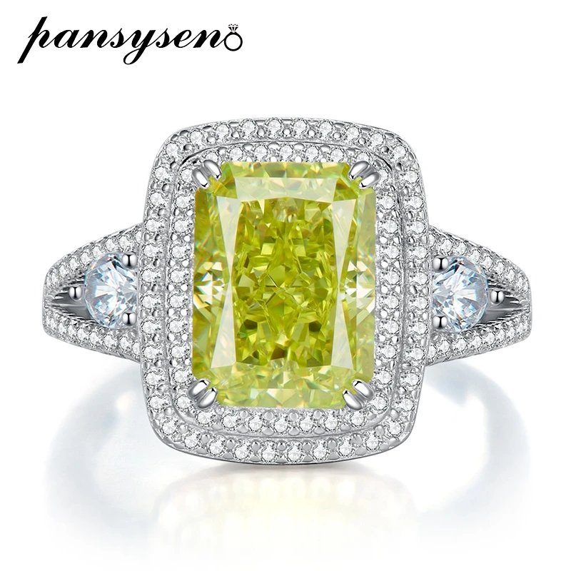 PANSYSEN 100% 925 Sterling Silver Apple Green High Carbon Diamond Wedding Engagement Rings for Women Fine Jewelry Gift Wholesale