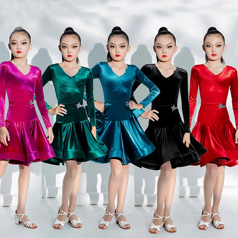 5 Colors Velvet Ballroom Dance Competition Dresses For Girls Latin Dance Dress Children'S Performance Dancing Clothes SL9221