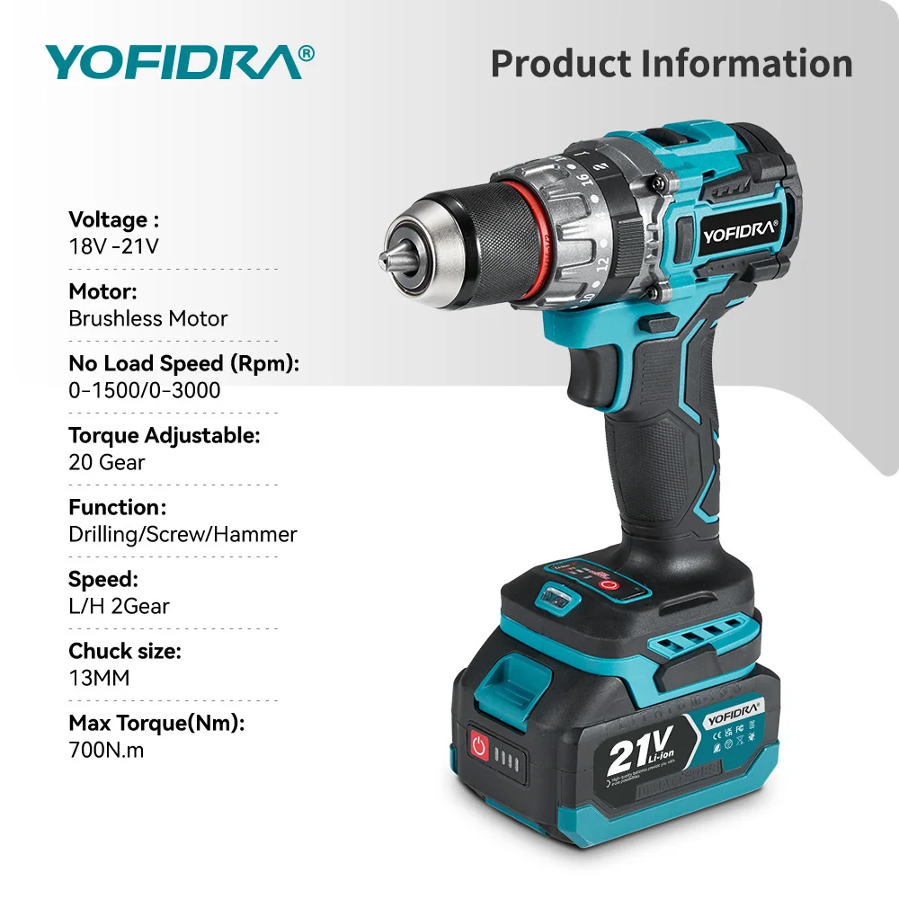 YOFIDRA 700N.m 13mm Brushless Electric Impact Drill Cordless Screwdriver DIY Ice Breaking Power Tools For Makita 21V Battery Pin