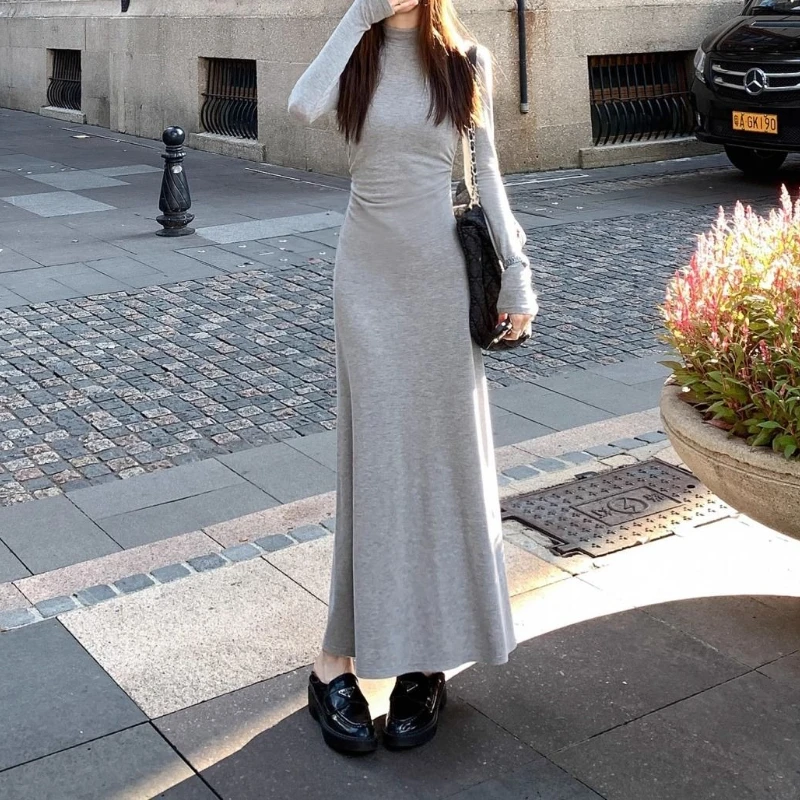 

High-necked Long-sleeved French Dress Women's Waist in Autumn and Winter Temperament with Long Skirt Inside