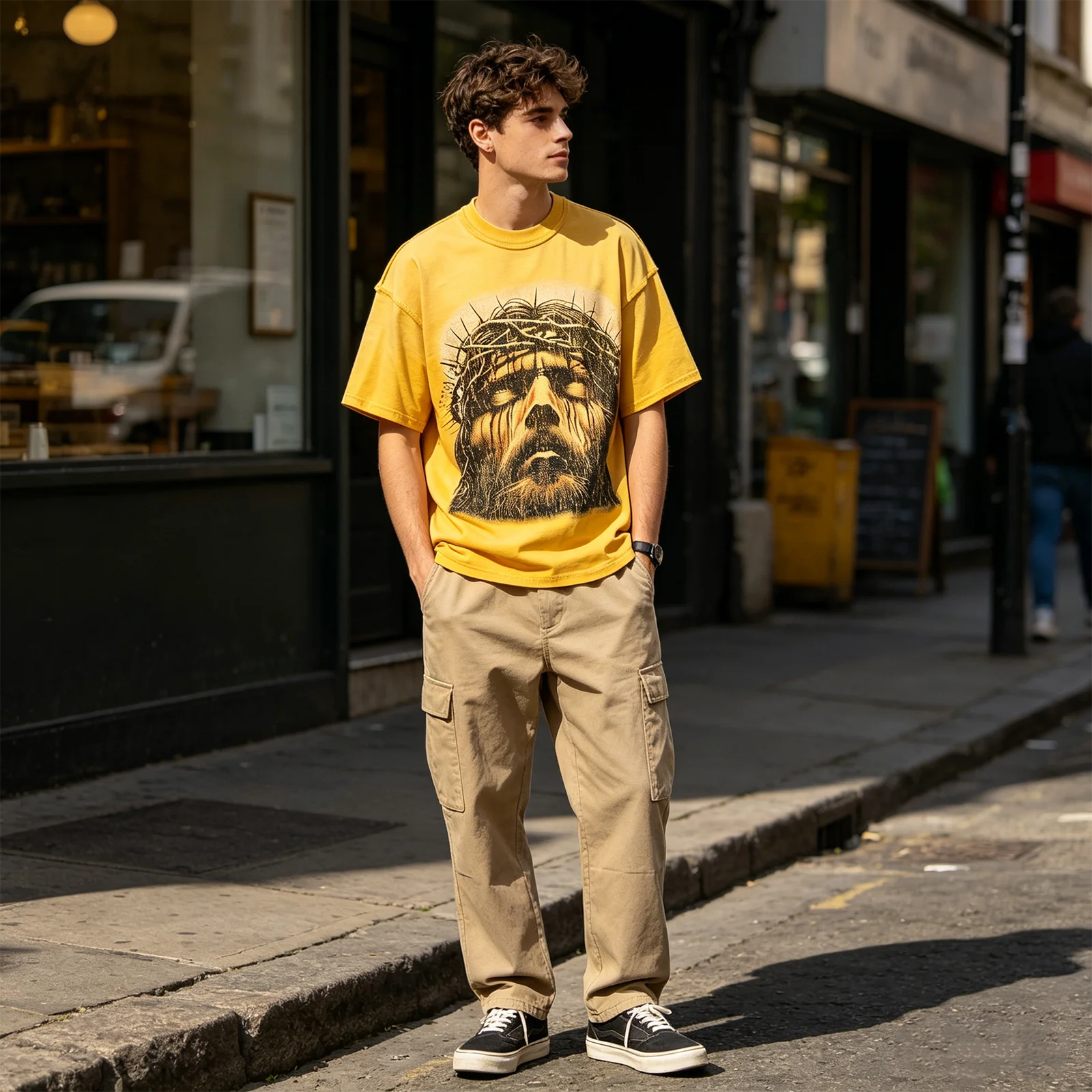 Men's Yellow Washed Tshirts Casual Jesus Thorn Crown Print Graphic Oversized Tee Streetwear Vintage Short Sleeve Cotton T-shirt