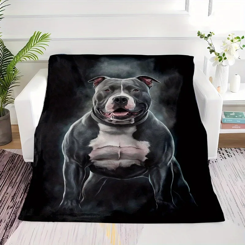 Black Muscle Pitbull Pattern Flannel printed blanket suitable for all seasons suitable for living room office sofa and travel
