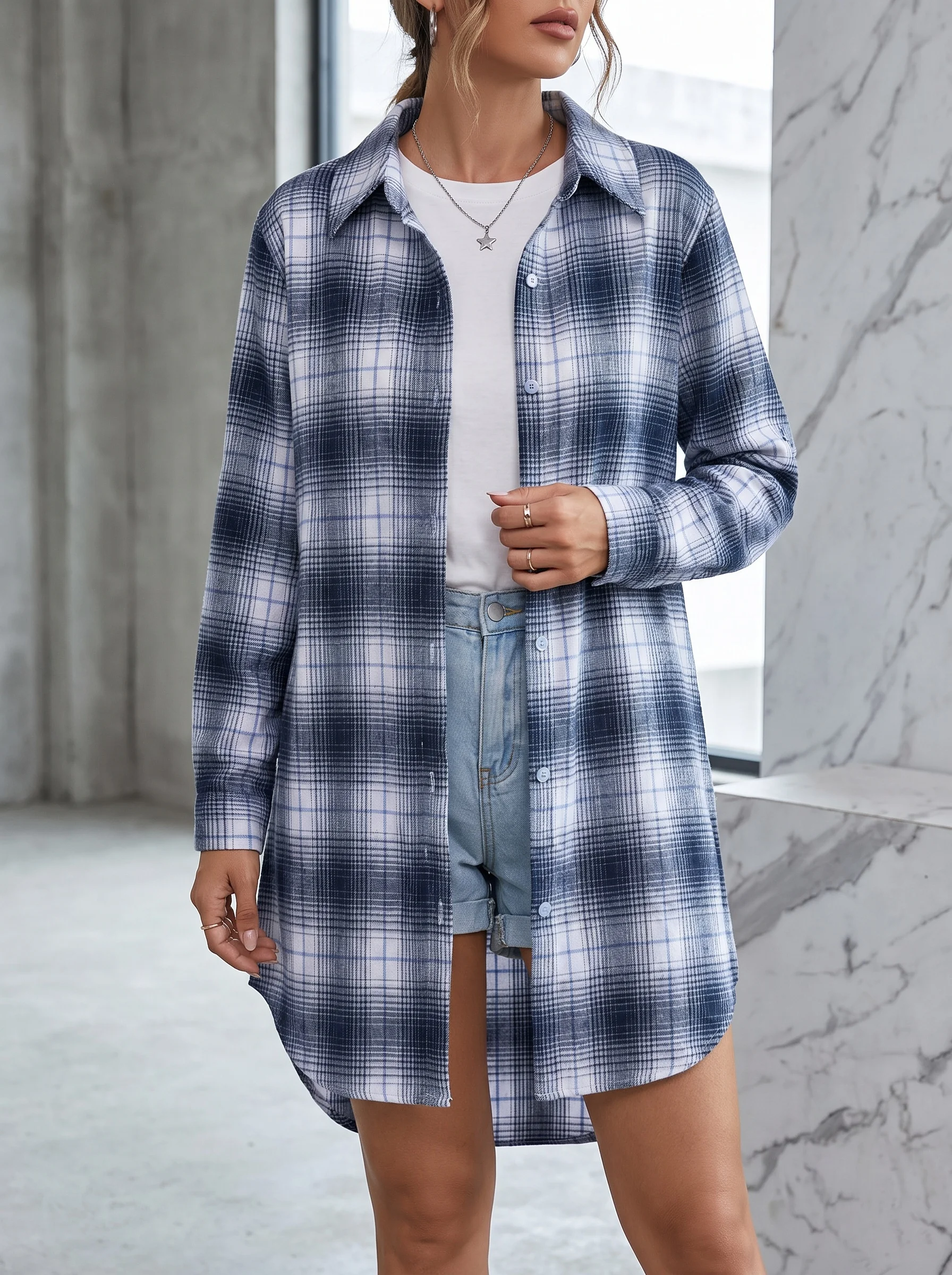 Gadinus Plus Size Women Long Plaid Shirt Oversized Loose Fit Long Sleeve Casual Outerwear Blouse