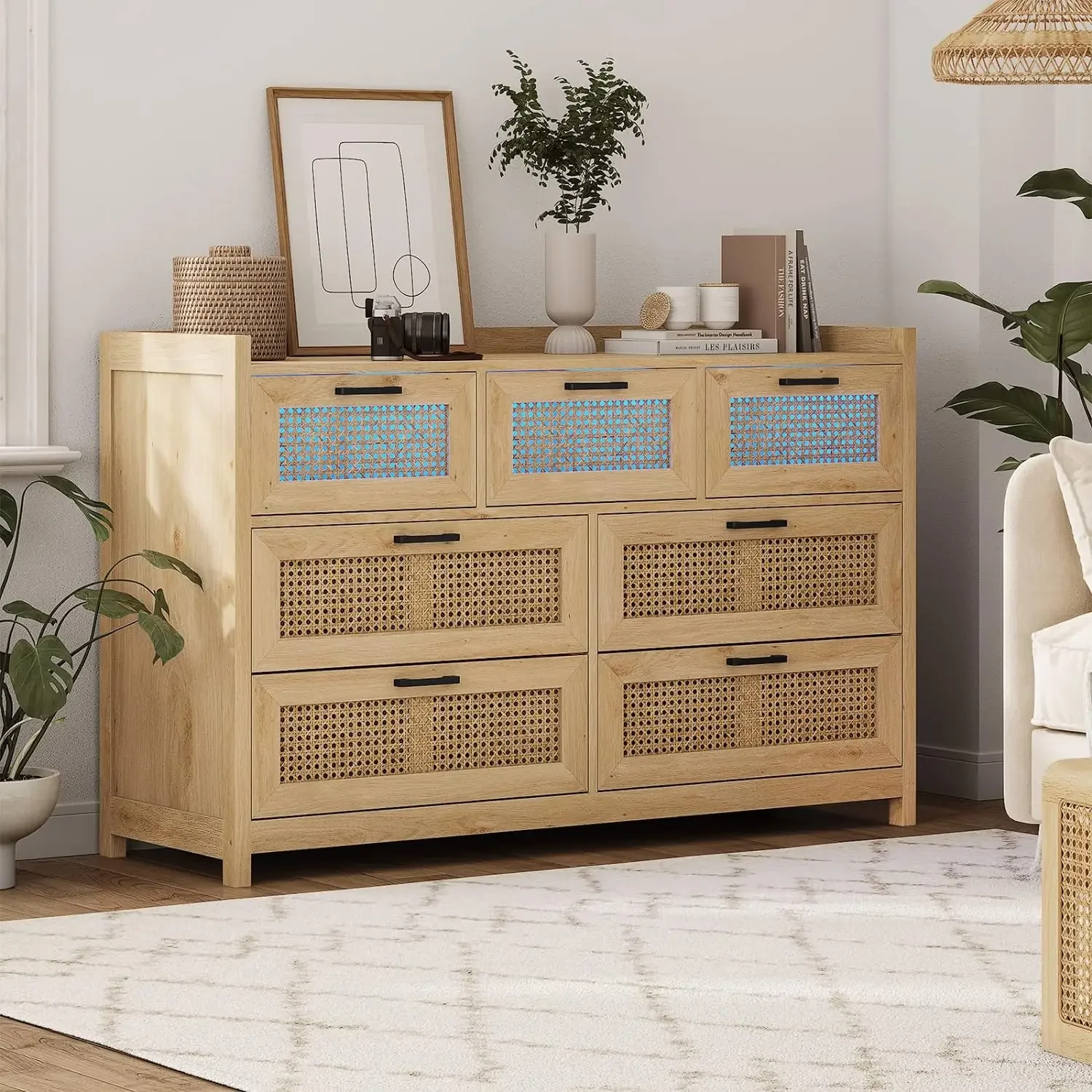 

Dresser for Bedroom with Led Light, Natural Rattan Drawer Dressers, Dressers & Chests of Drawers, Closet Wooden Long Bedroom