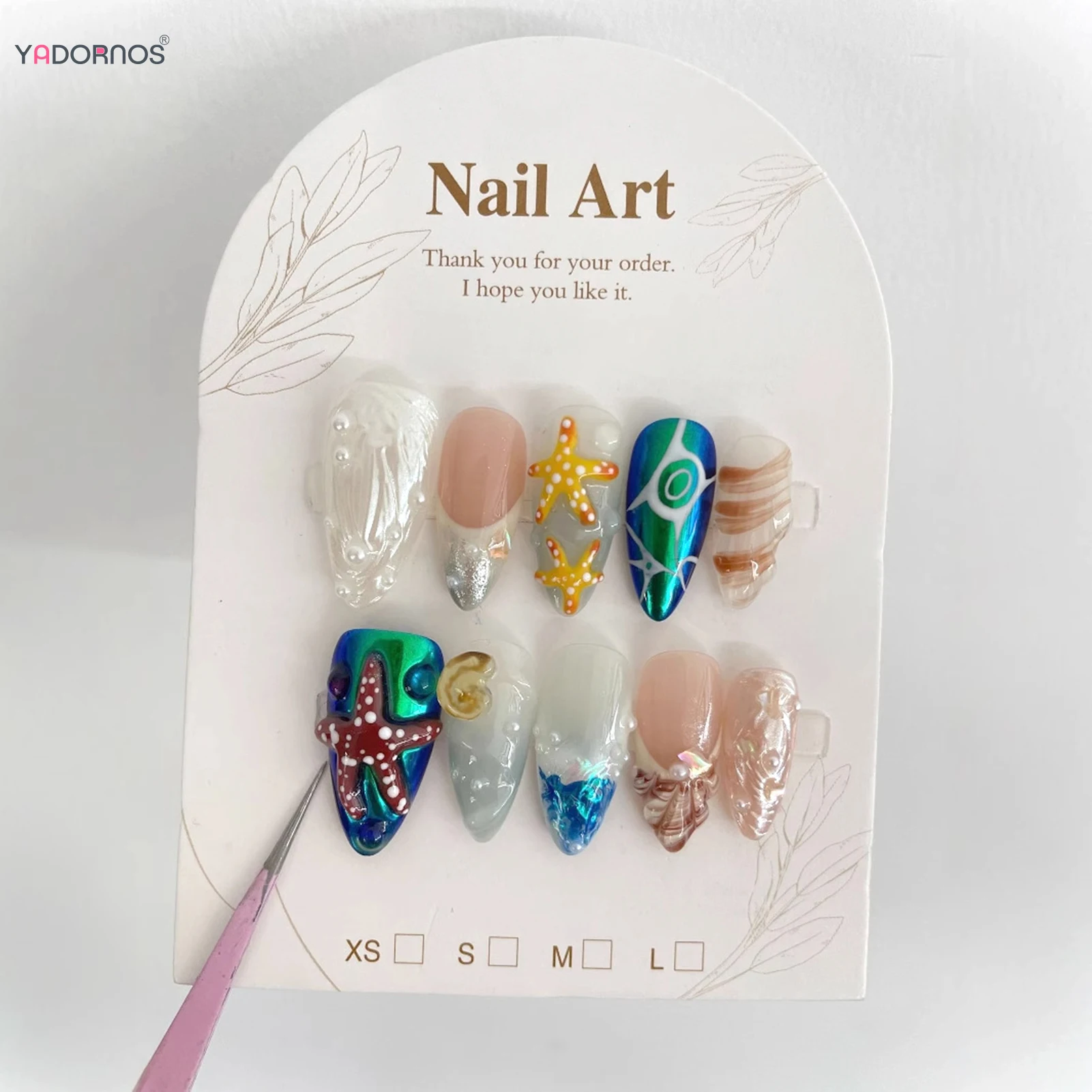 10pcs Underwater World Handmade False Nails Cute Hand-paint 3D Seashell Starfish French Style Press On Nails Almond Fake Nail