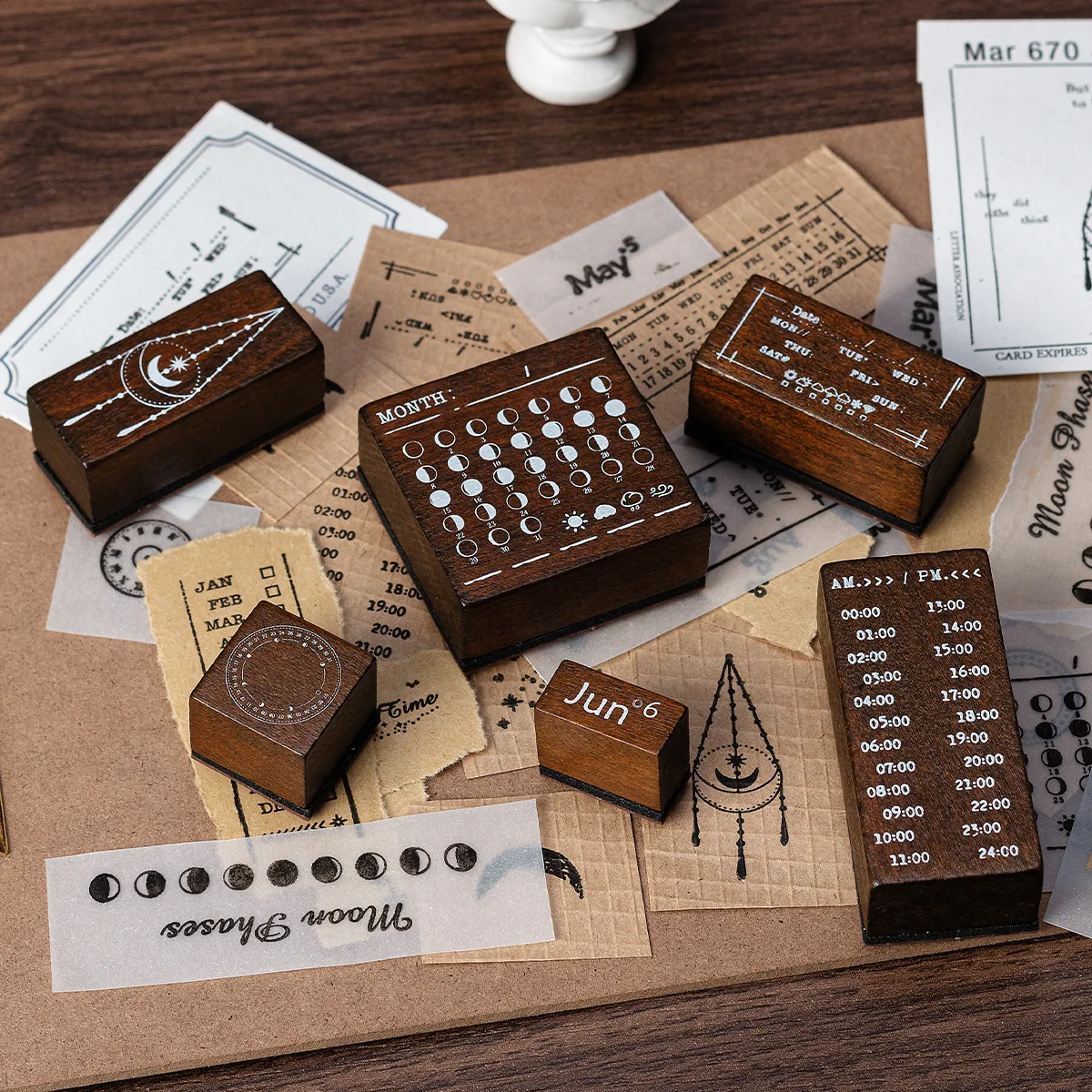Moon Phase Starry Wooden Seal Set Perpetual Calendar Weekly and Month Account Seals 30 Moon Phase Seals School Supplies