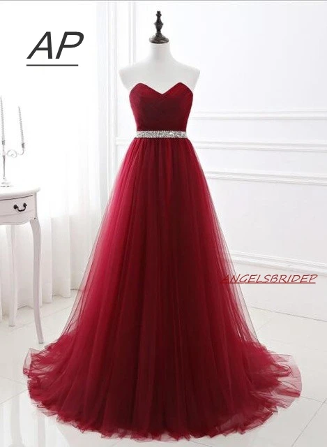 

ANGELSBRIDEP 2 STORE Red Vestido Longo Evening Dresses Fashion V-Neck Beading Crystal Waist Tulle Lace Up Formal Party