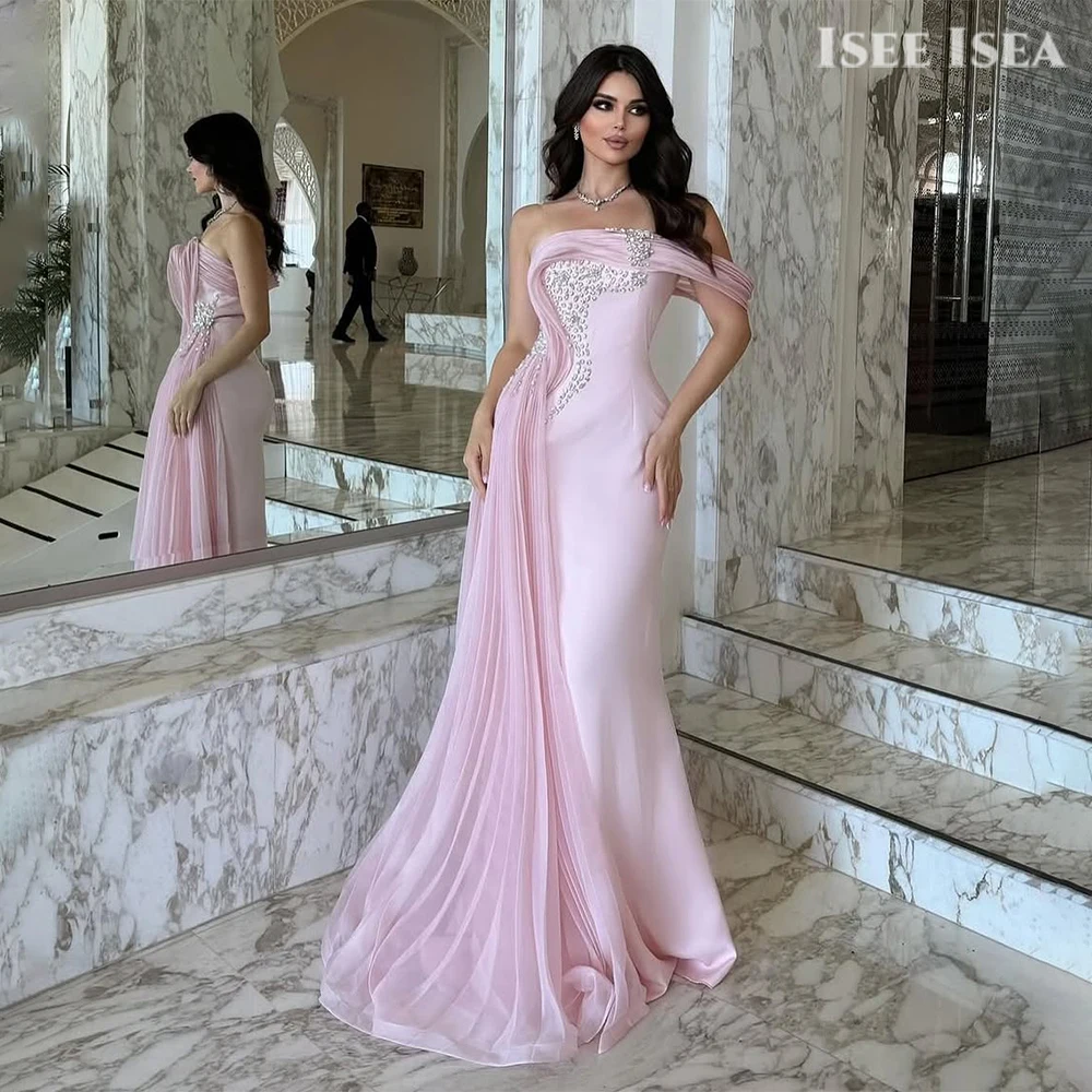 Romantische rosa Abendkleider, Satin, Perlenstickerei, trägerlos, elegant, Afrikaans Na Category – Roter Teppich-Stil, Meerjungfrau, Abschlussball, Erwachsene, individuell
