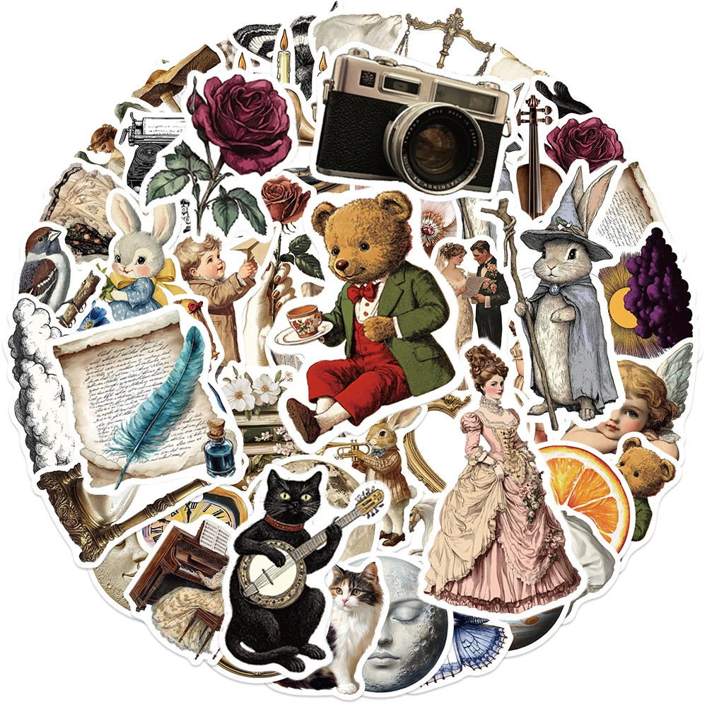 

10/30/50pcs Vintage Art Aesthetic Series Stickers Retro Cartoon Animal Flower Sticker DIY Notebook Guitar Phone Graffiti Decals