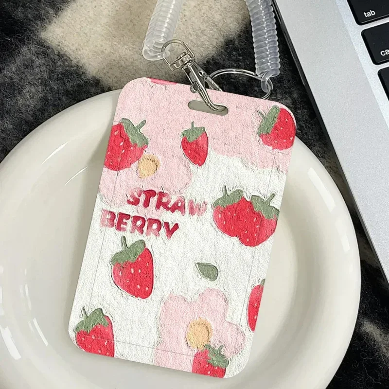 Portatarjetas de negocios con flores de fresa con cordón de resorte retráctil para autobús, Campus, tarjeta de almuerzo, tarjetero para puerta, soporte para sesión fotográfica Kpop