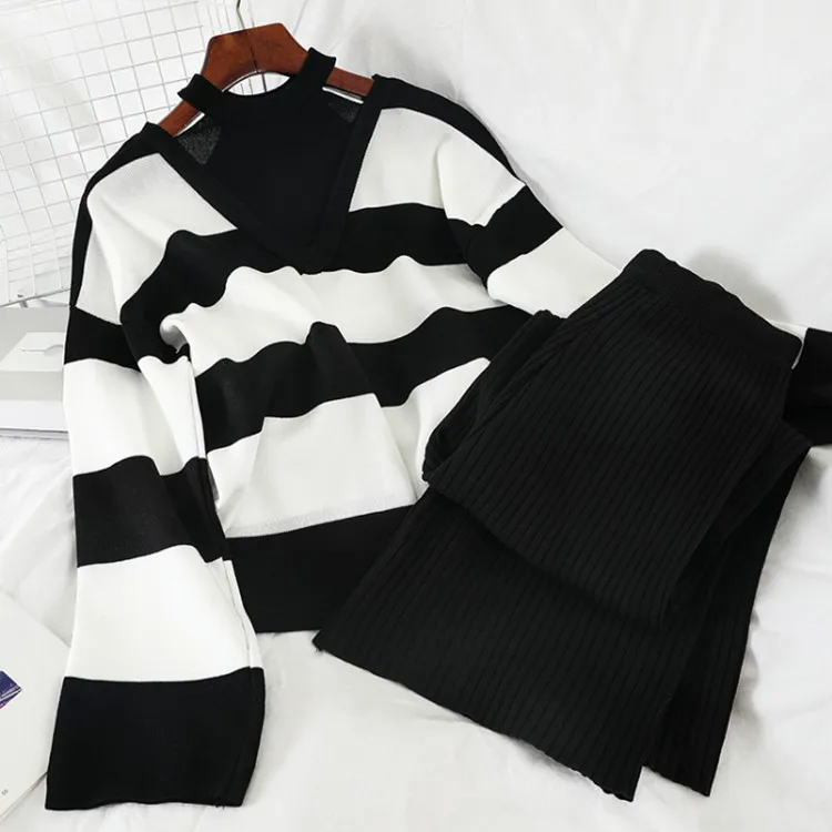 Knitted Women Tracksuit Outfit Stripe Print Sweater Loose Wide Leg Pant Running Jogger Workout Casual Fitness Set Sport Suit