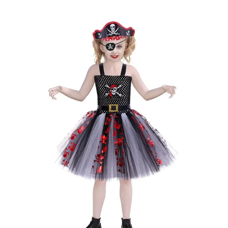 Novo estilo infantil halloween pirata crânio cabeça malha crianças menina cosplay trajes caribe cos pano chapéu máscara