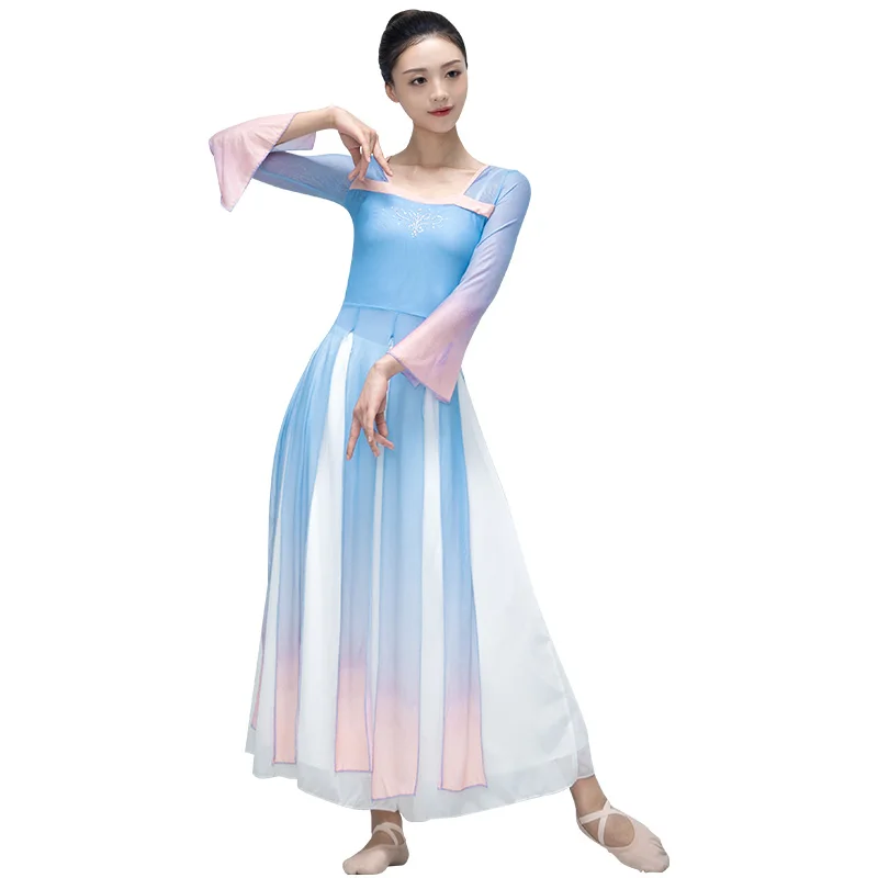 Traje de dança clássica para mulheres, gradiente esvoaçante saree, roupas de prática roupas de dança chinesa roupas de performance de palco