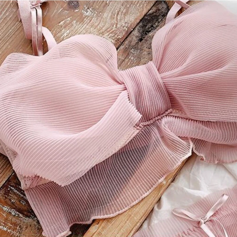 Japanese Bras Lolita Girls Folds Bow Lovely UnderwearFolding Wrinckle Chiffon Bow Rimless Bra Comfortable Sweet Cute Bralette