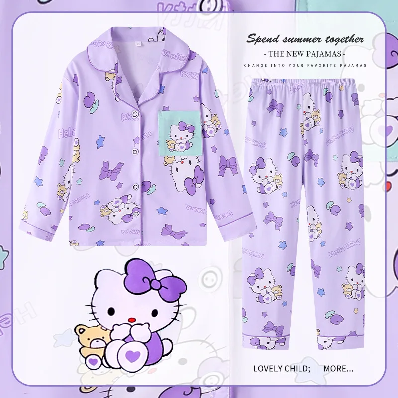 Cute Hello Kitty Girls Pajama Sets Soft Loose Cardigan Collar Print Gal Nightwear Suit Breathable Comfortable In Autumn Winter