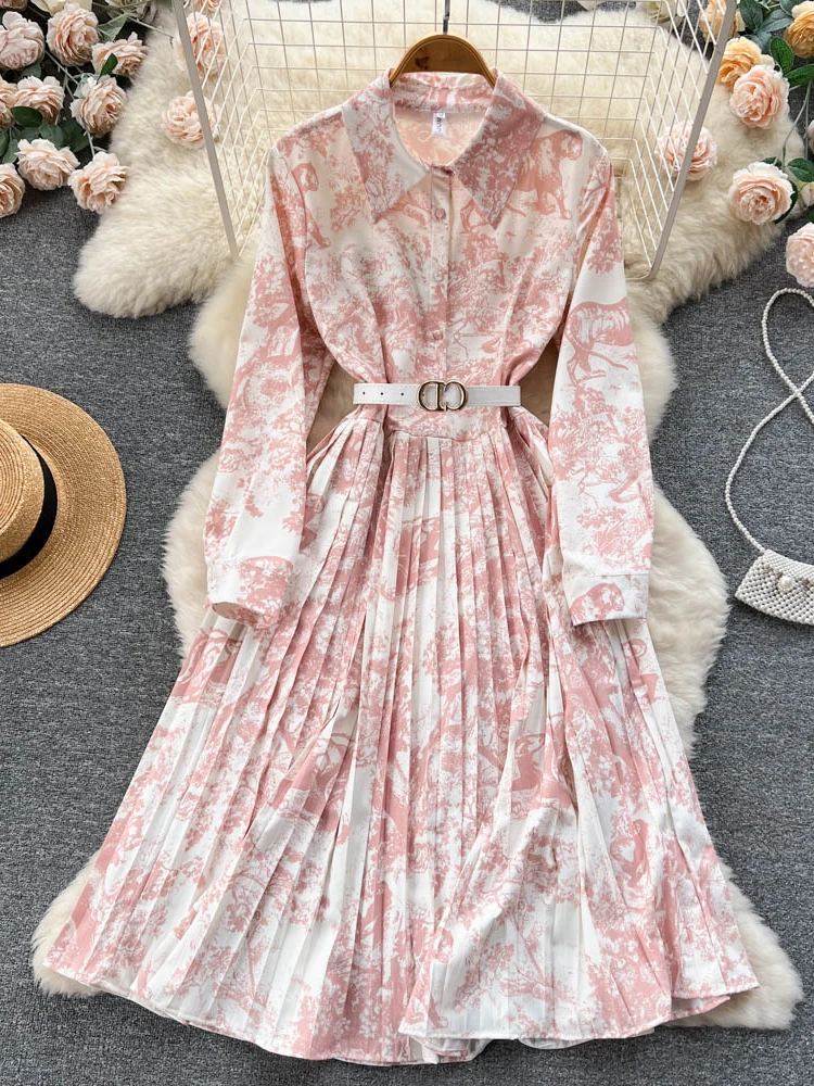 

Women Vintage Printed Dress Spring Autumn Long Sleeve Lapel Floral Evening Party Dresses Ladies A-line High Waisted Long Robe